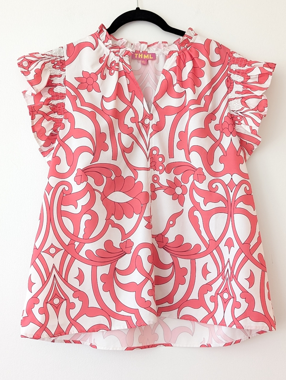 THML Bold Print flutter sleeve split neckline blouse pink and white